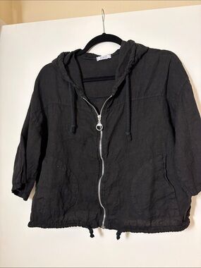 Casual Black Hooded linen Zip Utility Jacket